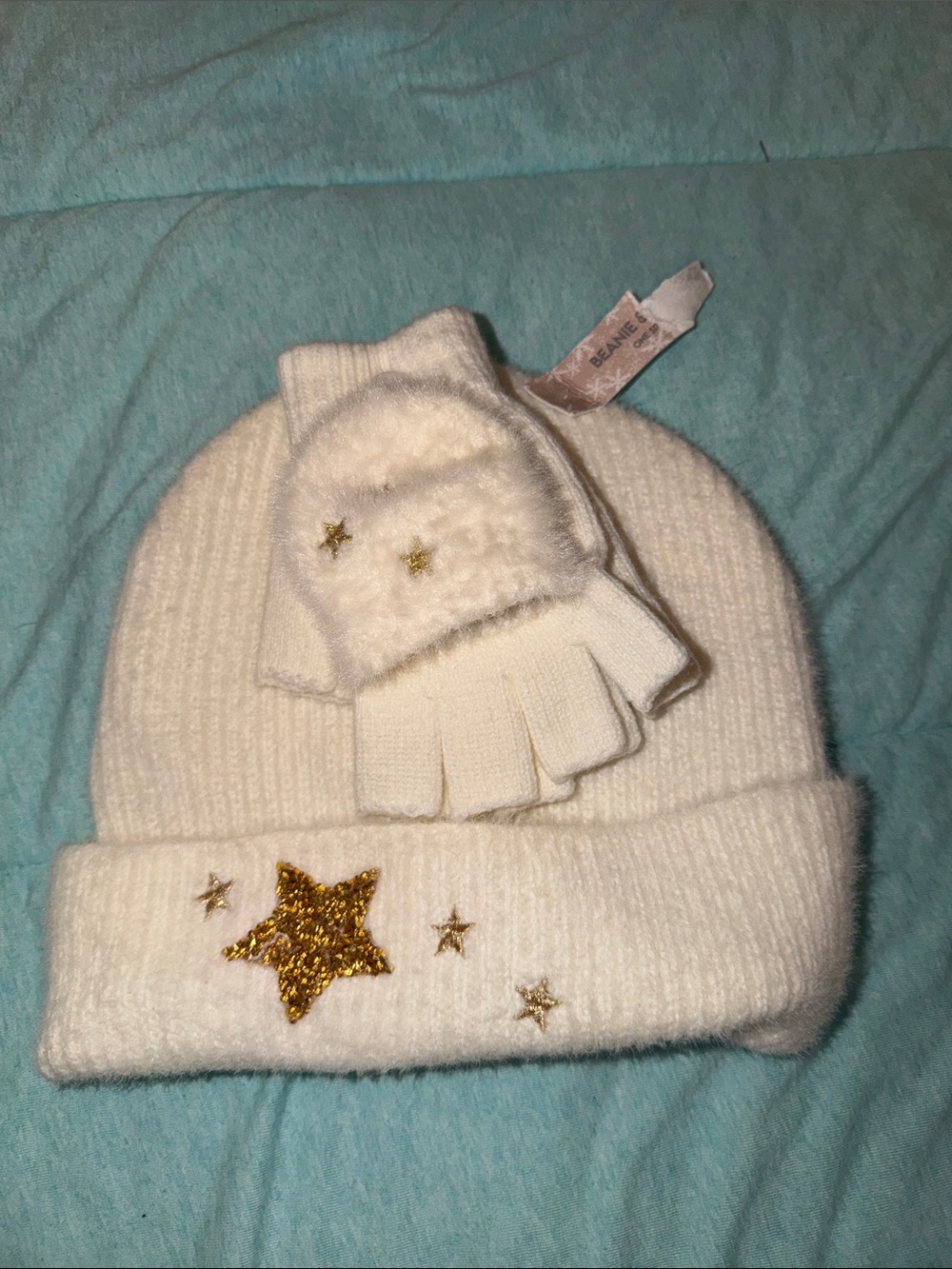 Cream Beanie and Mittens Set with Gold Star Embellishments